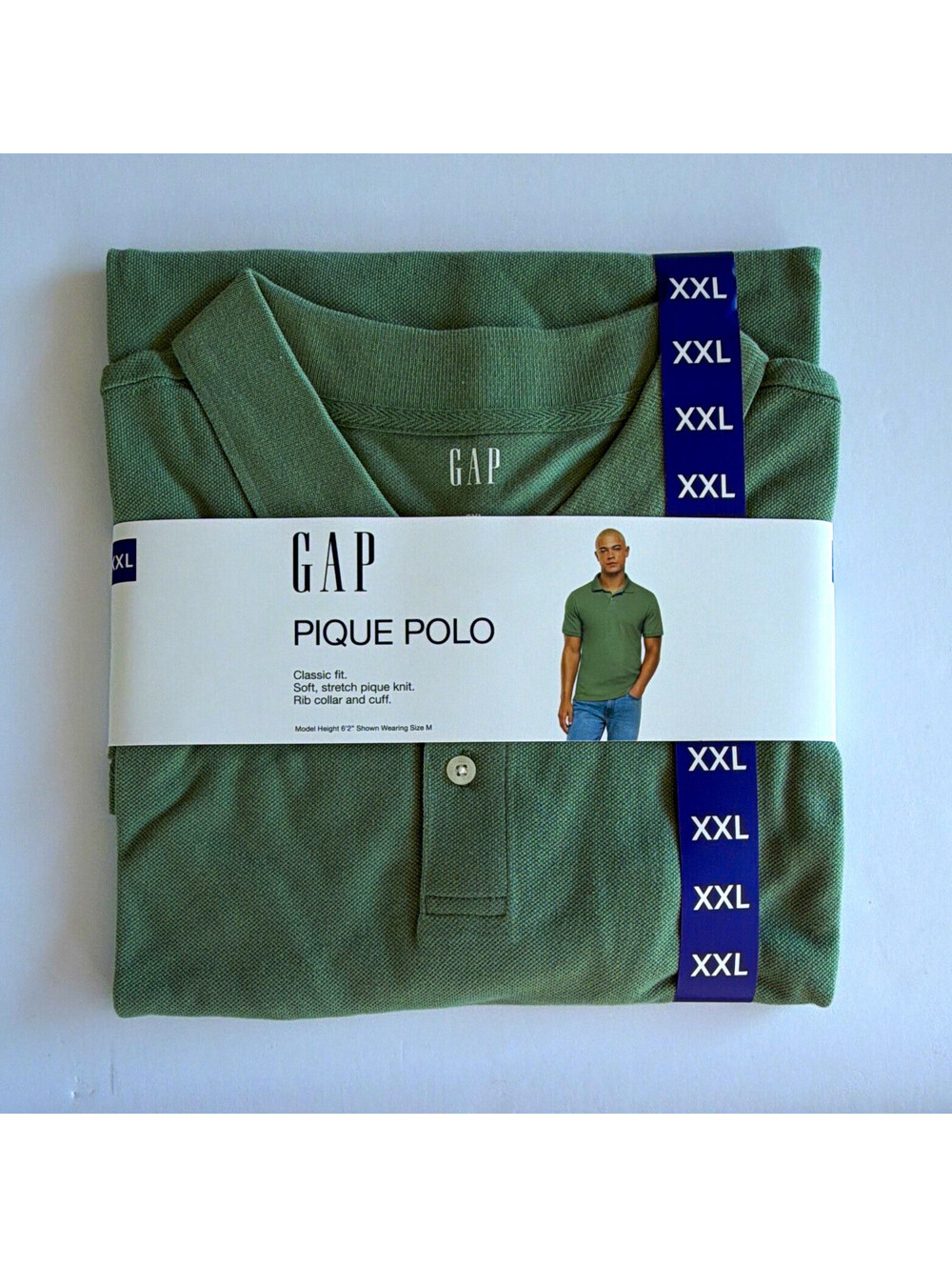 Gap Men's XXL Green Solid Collared Pique Knit Polo Shirt Classic Fit Stretch